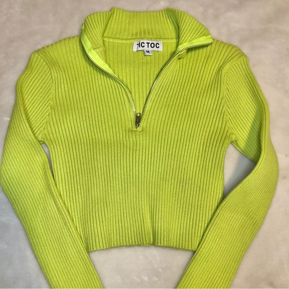 Tictoc Neon Green Ribbed Half Zip Cropped Sweater Size Medium - Picture 5 of 9
